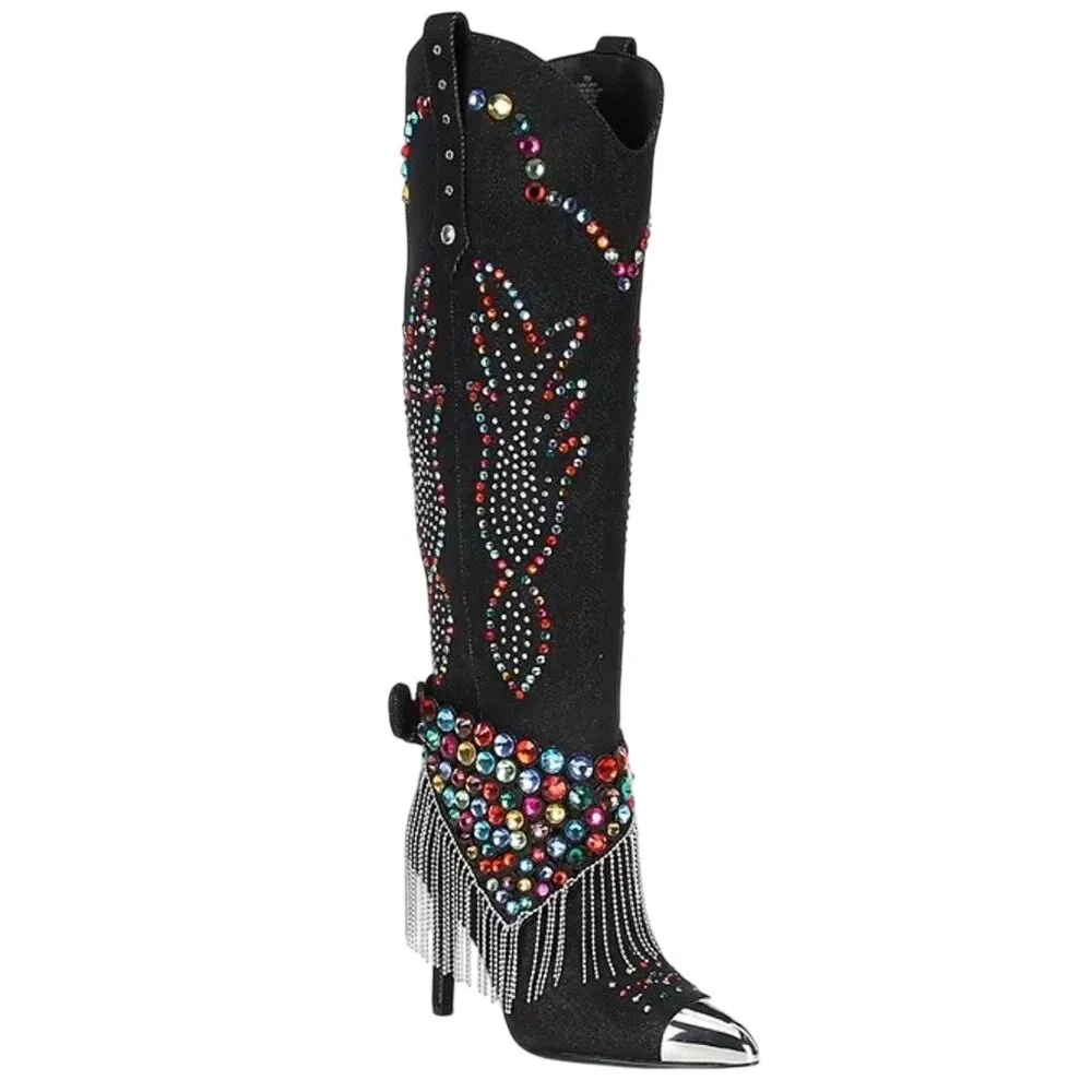 Gianni Bini Kaitrin Rainbow Rhinestone Fringe Bandana Over-Knee Boots 8.5